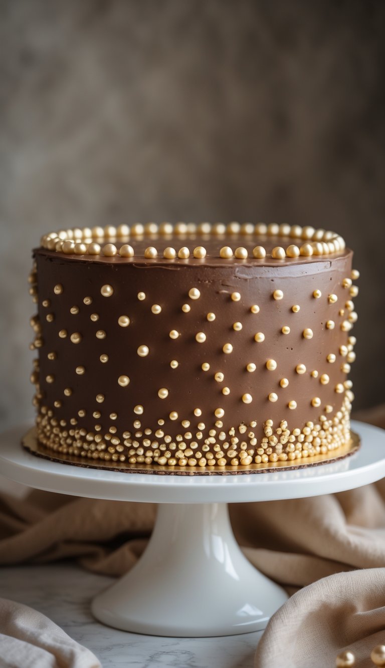 A chocolate wedding cake decorated with small gold metallic pearls on a white cake stand.